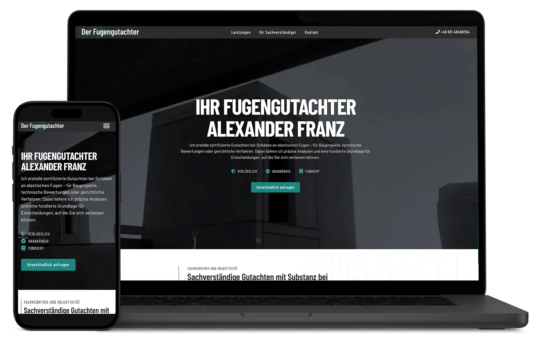 Responsive Website-Mockup auf Laptop und Smartphone: Webdesign für Fugengutachter Alexander Franz