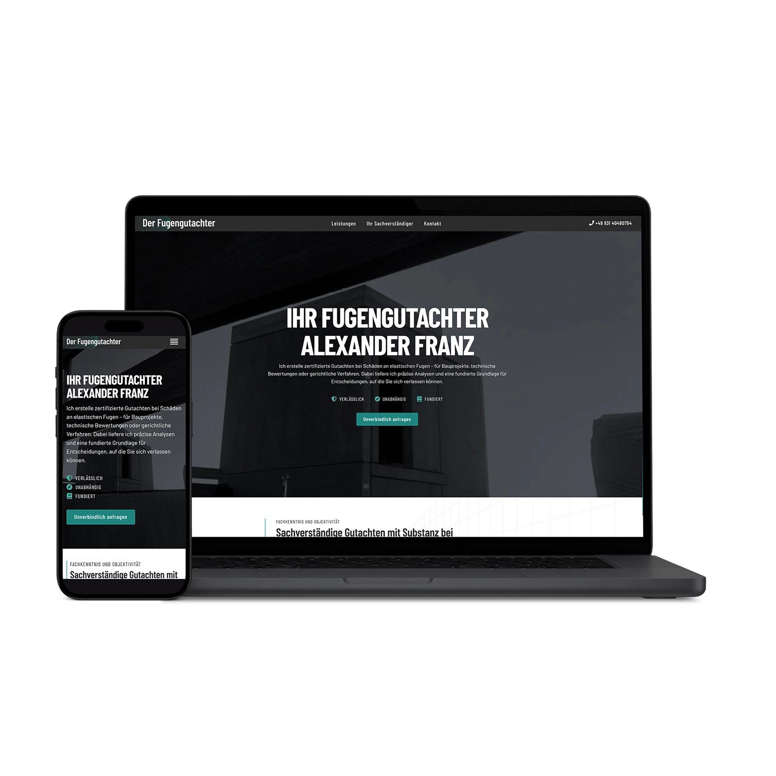 Responsive Website-Mockup auf Laptop und Smartphone: Webdesign für Fugengutachter Alexander Franz