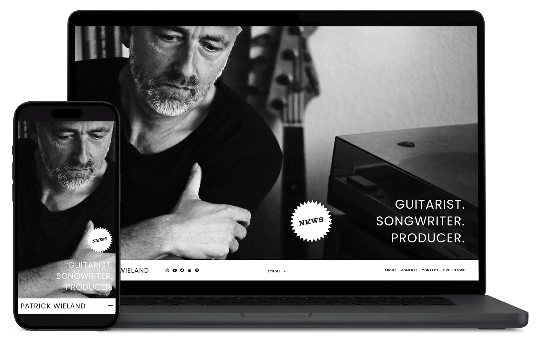 Responsive Website-Mockup auf Laptop und Smartphone: Webdesign für Patrick Wieland