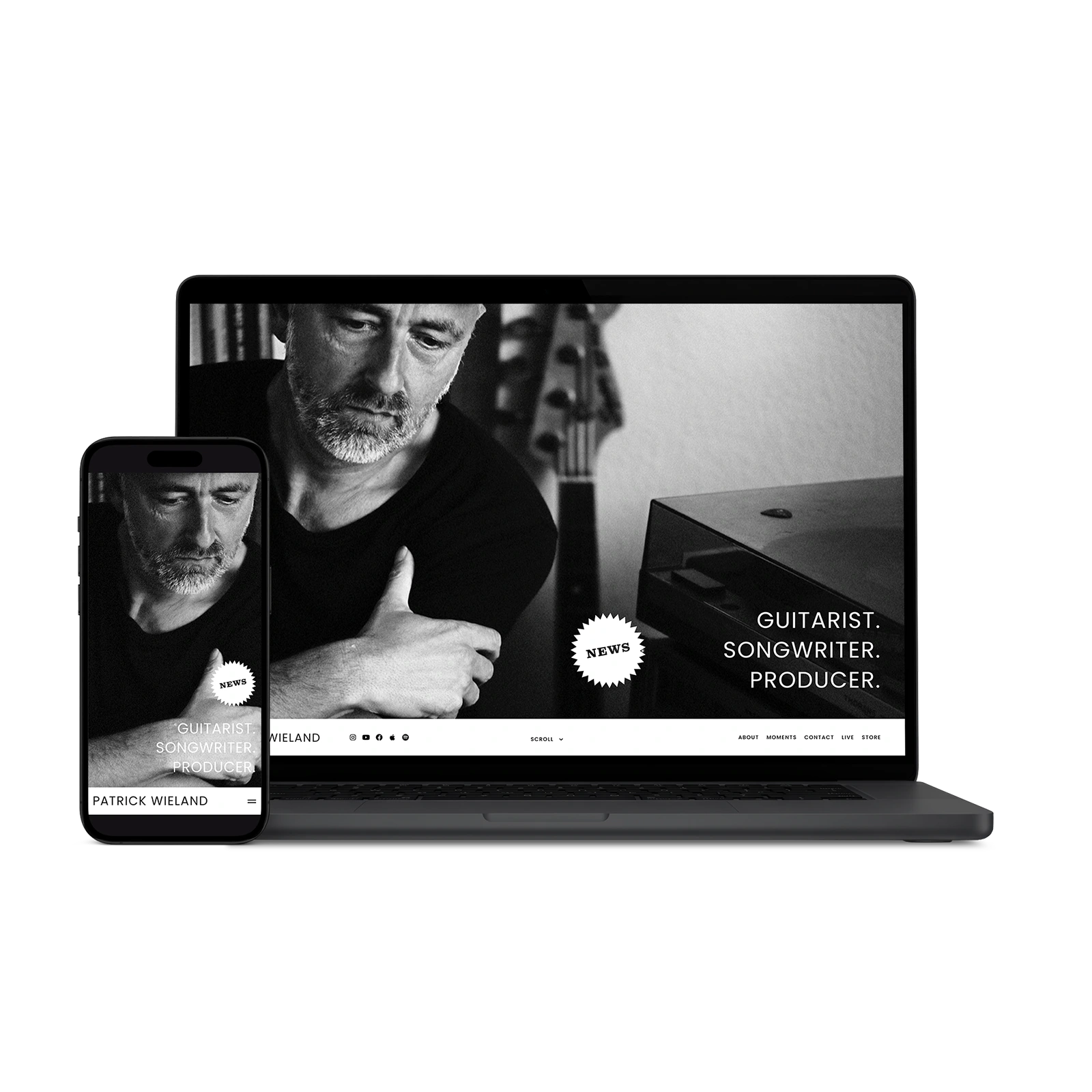 Responsive website mockup on a laptop and smartphone: Web design for Patrick Wieland