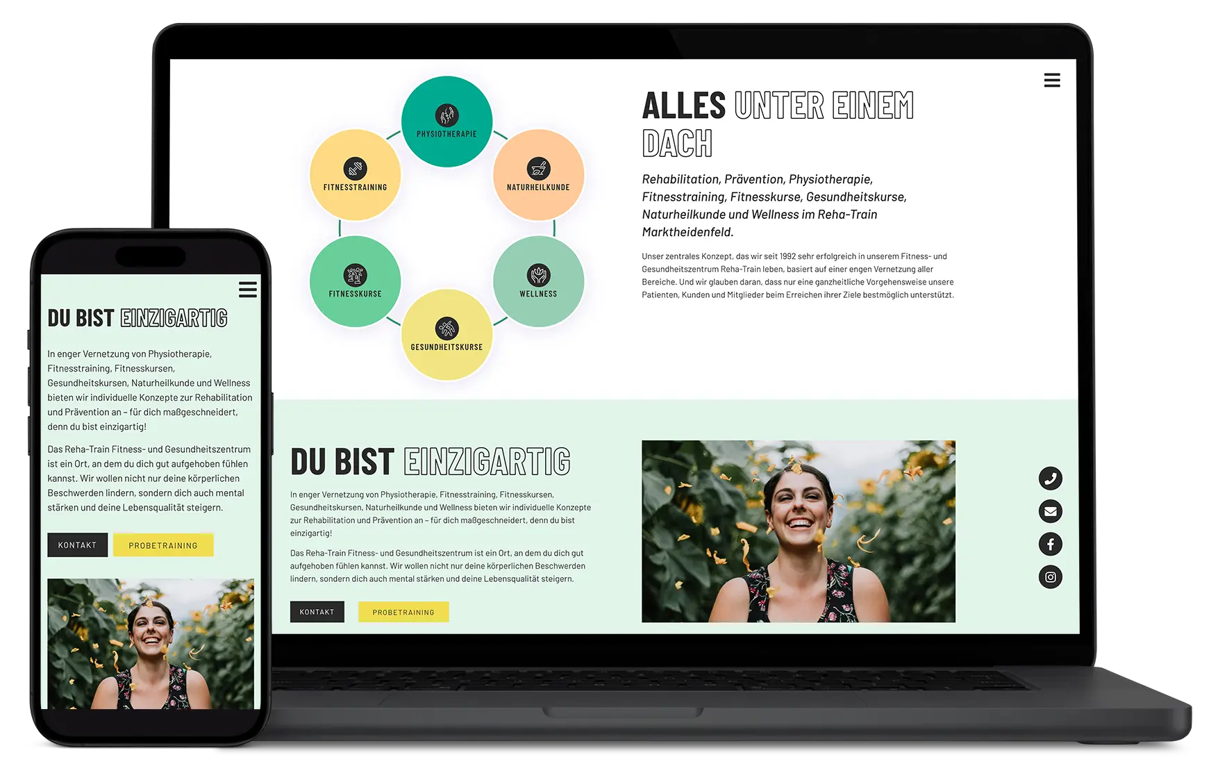 Responsive Website-Mockup auf Laptop und Smartphone: Webdesign für Reha-Train
