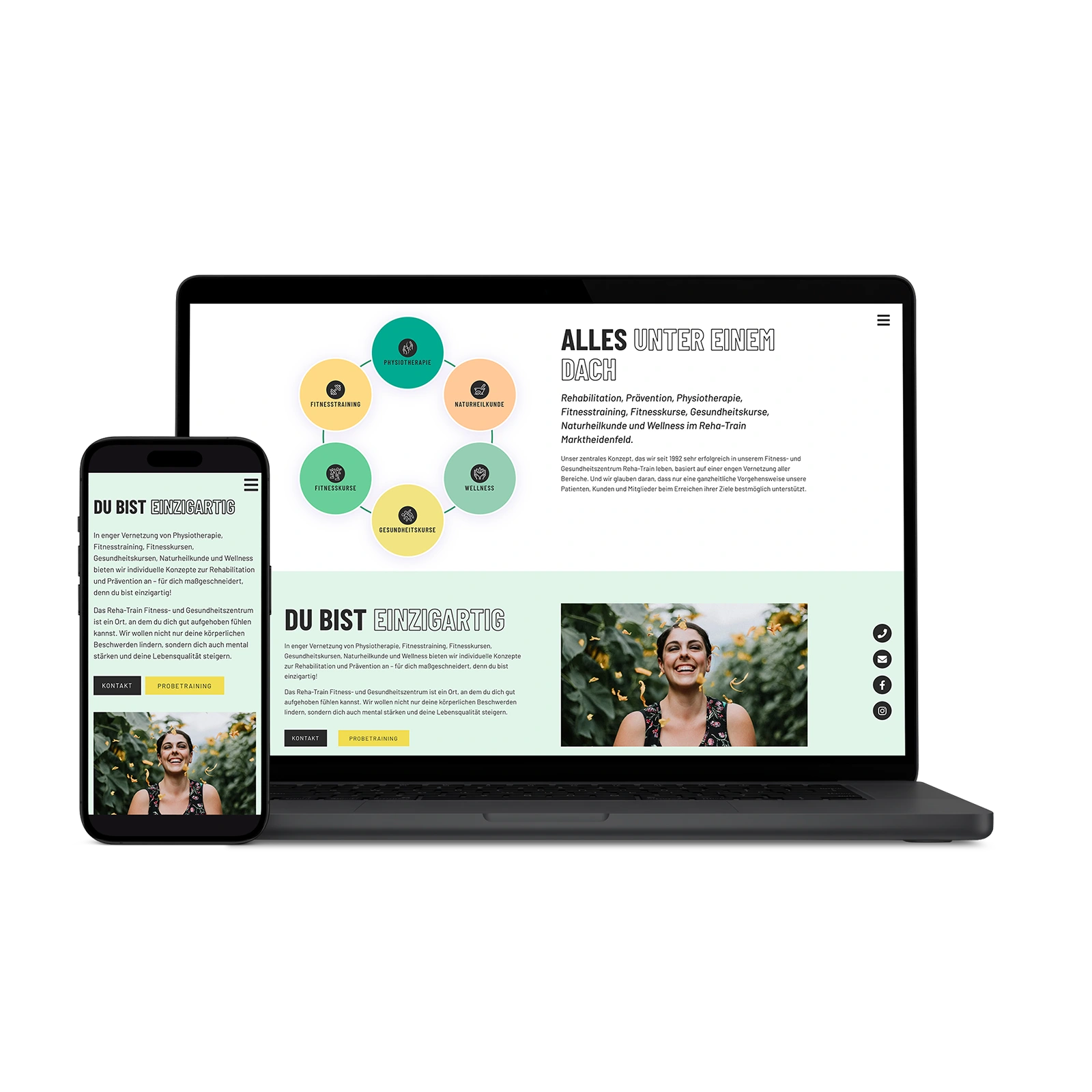 Responsive Website-Mockup auf Laptop und Smartphone: Webdesign für Reha-Train