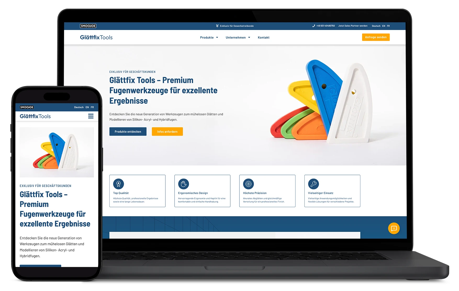 Responsive Website-Mockup auf Laptop und Smartphone: Webdesign für Glättfix Tools by SMOOJOE