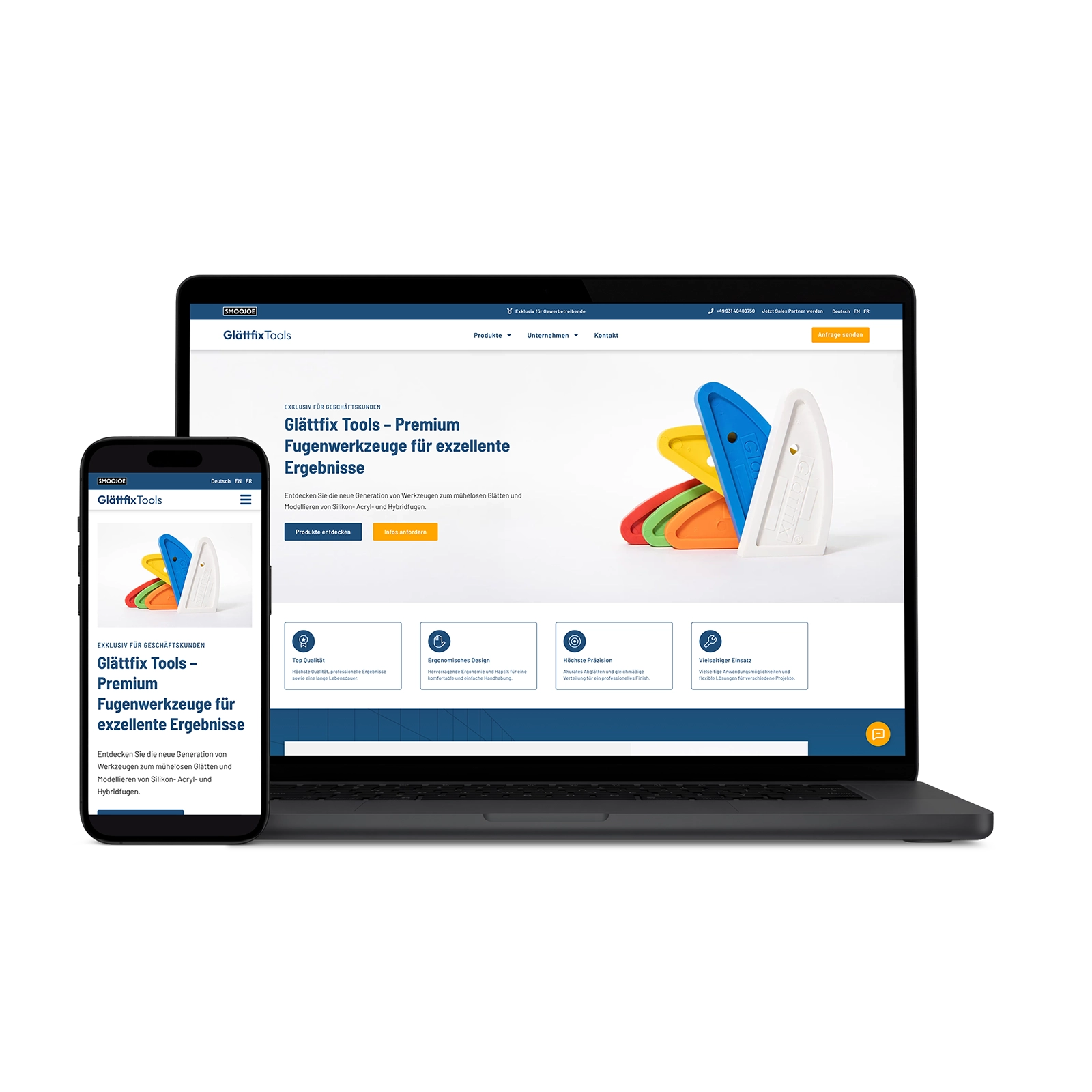 Responsive Website-Mockup auf Laptop und Smartphone: Webdesign für Glättfix Tools by SMOOJOE