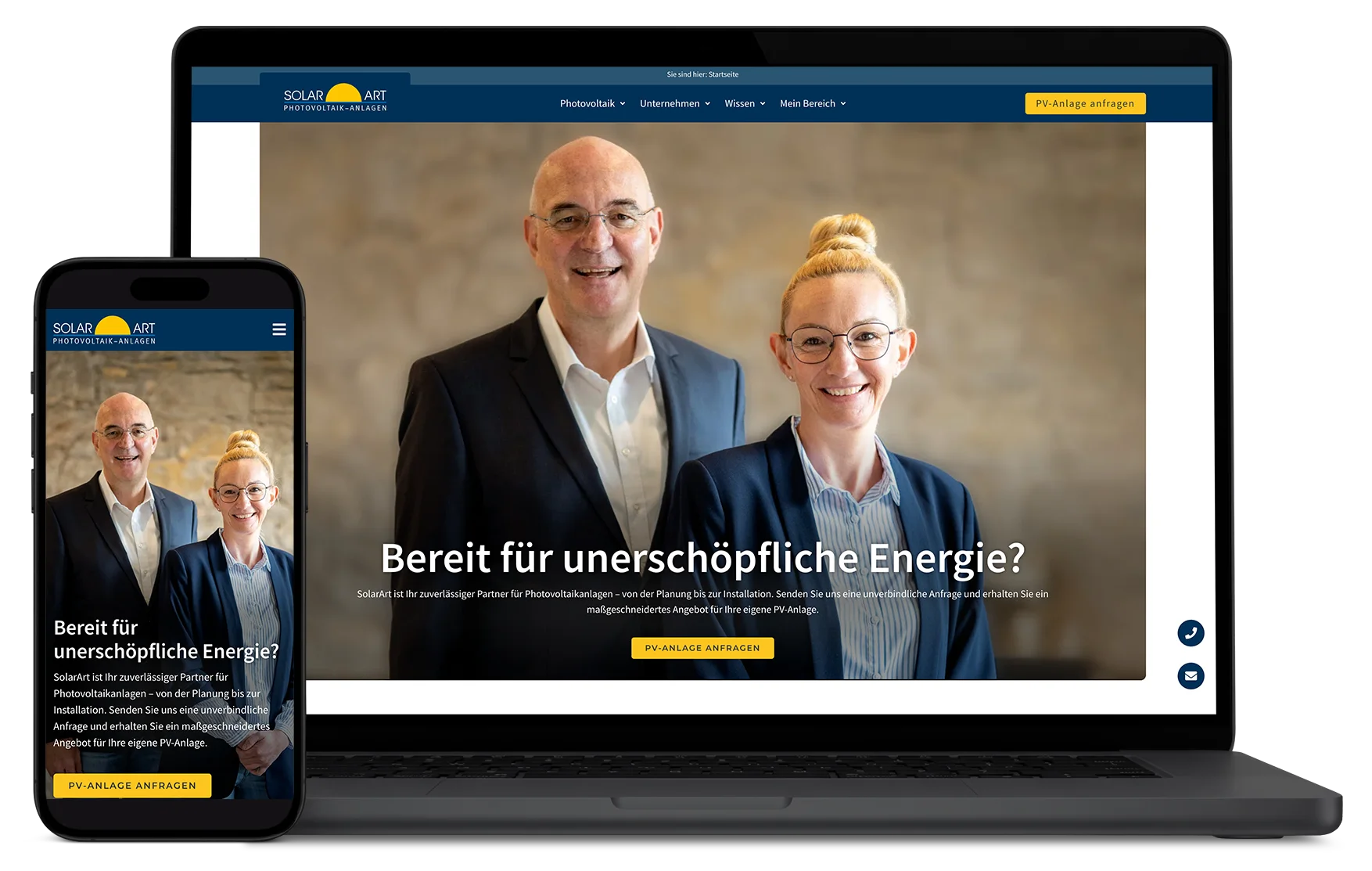 Responsive Website-Mockup auf Laptop und Smartphone: Webdesign für SolarArt