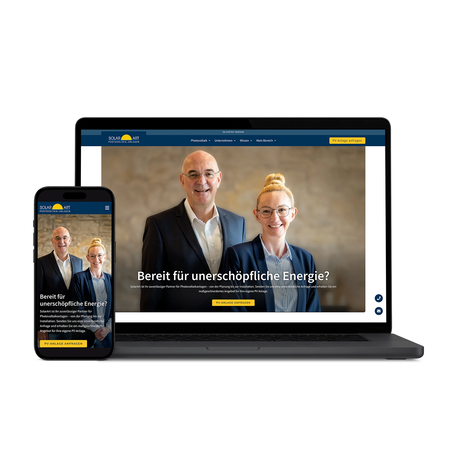 Responsive Website-Mockup auf Laptop und Smartphone: Webdesign für SolarArt