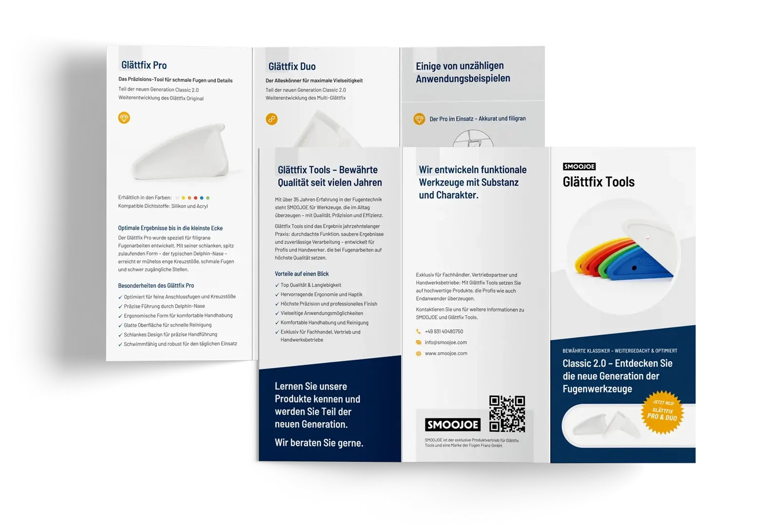 Mockup eines 6-seitigen Faltblatts: Produktflyer von Glättfix Tools by SMOOJOE
