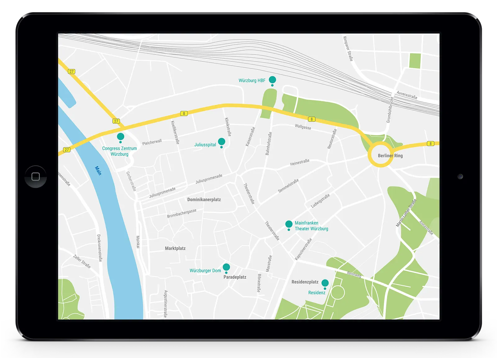 Mockup eines Ipads, das eine Kartengrafik der Innnenstadt Würzburg zeigt