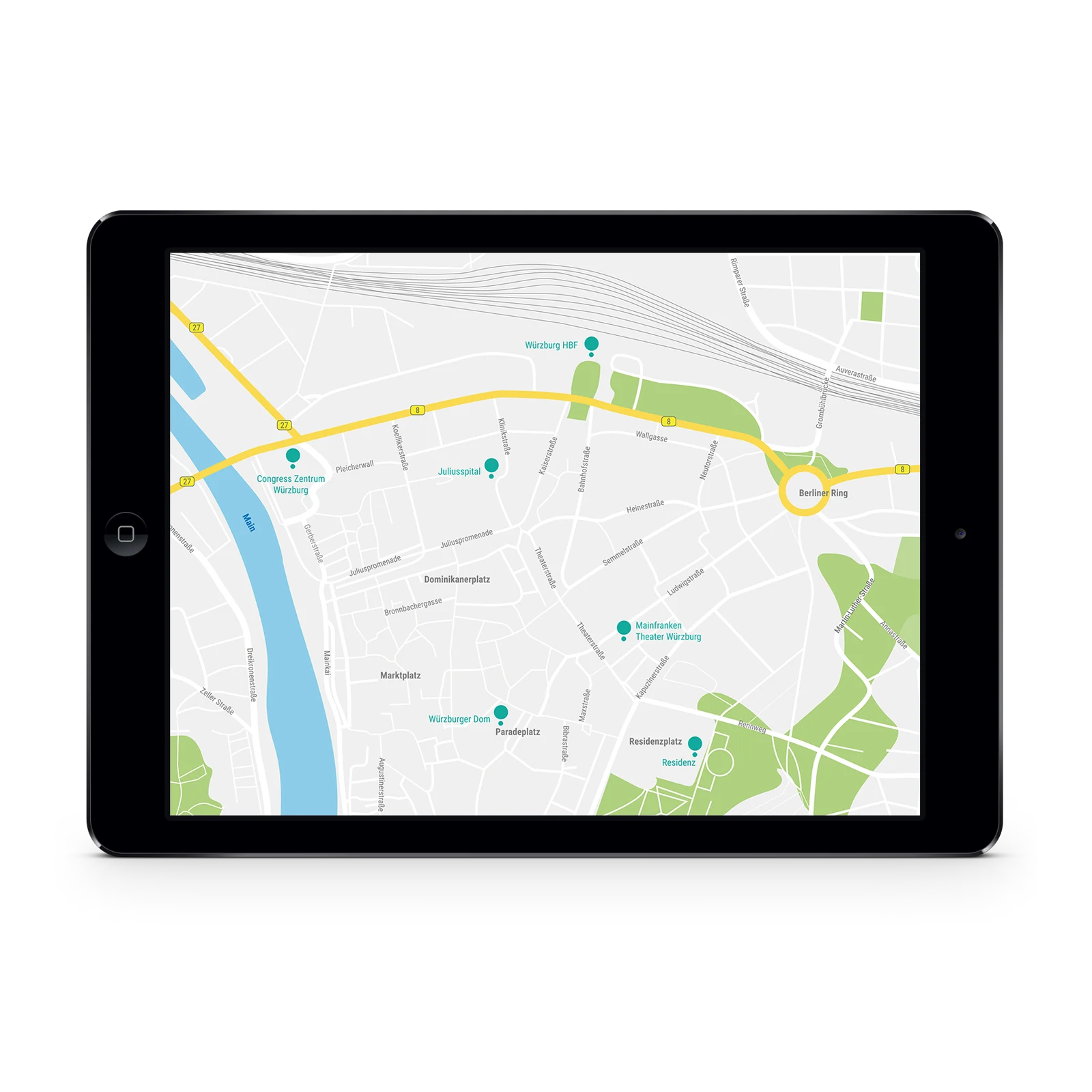 Mockup eines Ipads, das eine Kartengrafik der Innnenstadt Würzburg zeigt