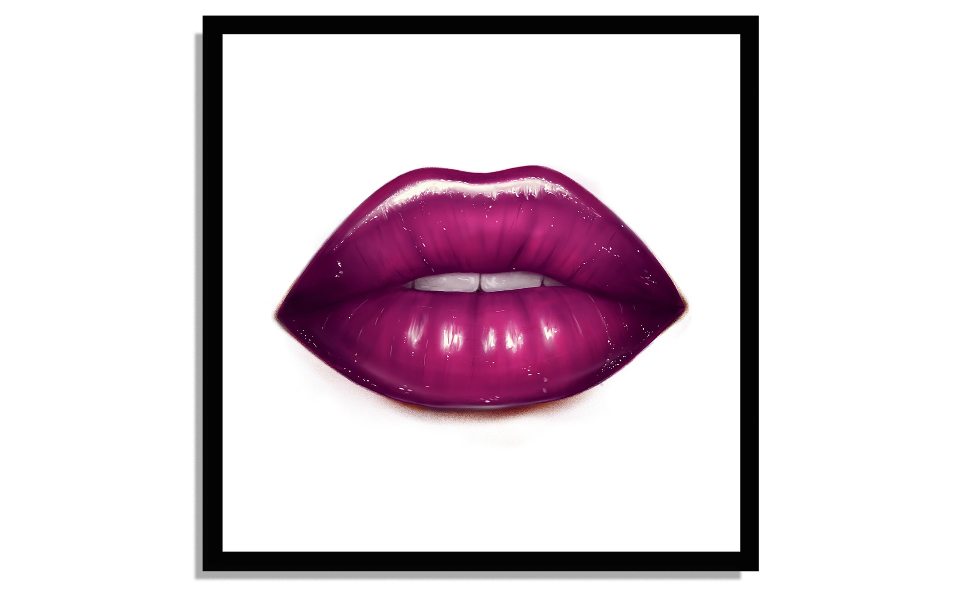 Artistic digital illustration of glossy, berry-colored lips in a square black picture frame.