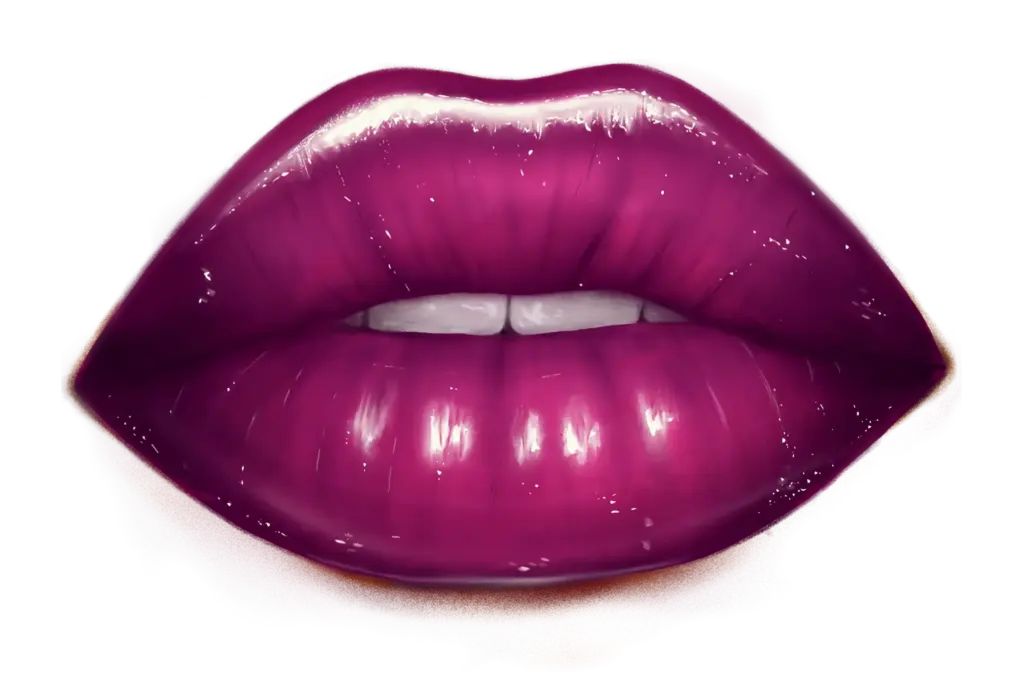 Artistic digital illustration of glossy, berry-colored lips in a square black picture frame.