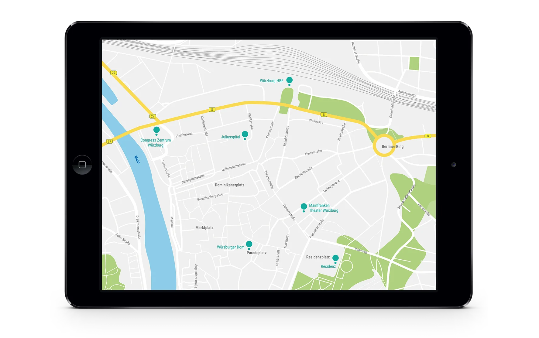 Mockup eines Ipads, das eine Kartengrafik der Innnenstadt Würzburg zeigt